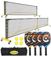 Pickleball Net Set, Portable Pickleball Set w/Wheels, 11ft & 22ft Regulation Size Pickel Ball Net, Set of 4 Balls and Paddles, Heavy Duty Frame for Backyard Driveway Outdoor