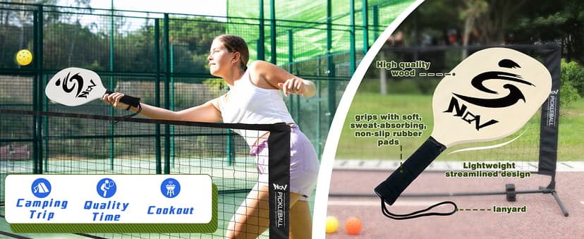 NQV Pickleball Set with Net-10FT Half Court Size Pickleball Net+Wood Pickleball Paddles+Pickle Balls+Ball Retrievers, Portable Outdoor Driveway Indoor for Adults Beginners