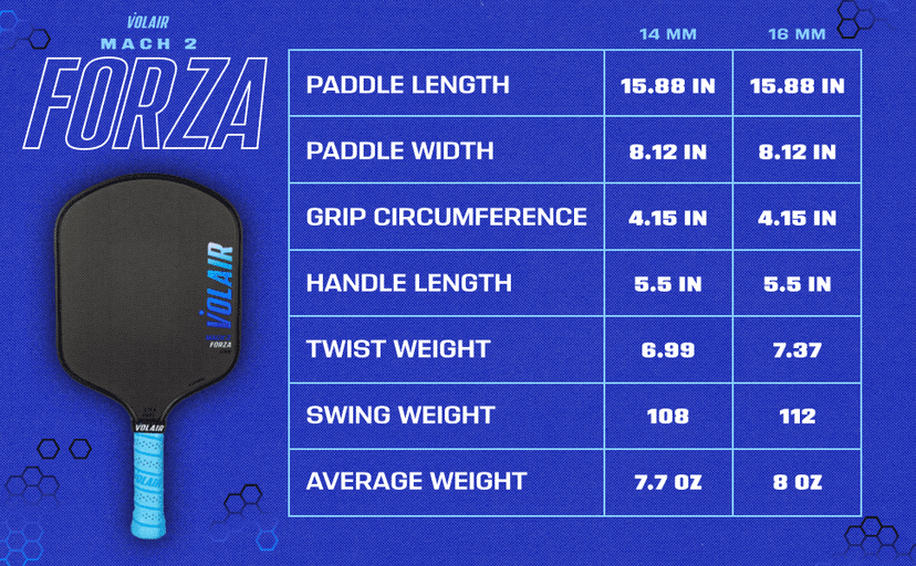 Mach 2 Forza Paddle - Toray T700 Carbon Fiber Surface - Thermoformed - Foam Injected - Spin, Power, & Control - w/Headcover, Eraser, Extra Black Grip, Extra Paddle Neck Band, & Sticker