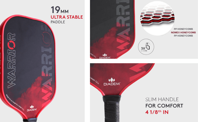 Diadem Warrior Pickleball Paddle | Carbon Fiber Face, 3X L-Core Hybrid Nomex Polymer Honeycomb Core, Grit Paint Surface for Spin, Control and Power | Indoor/Outdoor | USAPA Approved