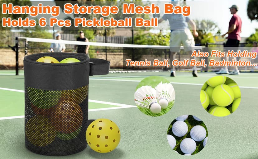 Cosmos Pickleball Ball Holder Adjustable Hanging Bag for PickleBall Nets, Foldable Storage Basket Mesh Net Pouch for Holding 6 Balls