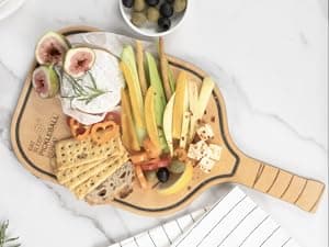 Pickleball Charcuterie & Cutting Board, Pickleball Gifts for Women Men, Wood Fiber 16 x 8.5, Paddle Shape with Handle, Dishwasher Safe, Reversible Design, Juice Groove "Just One More Game"