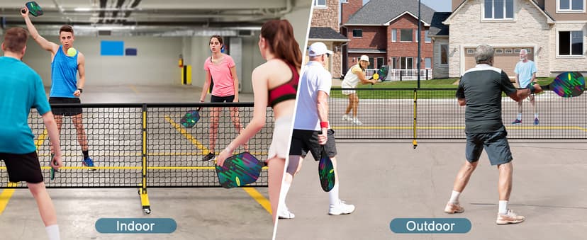 Pickleball Net Set, Portable Pickleball Set w/Wheels, 11ft & 22ft Regulation Size Pickel Ball Net, Set of 4 Balls and Paddles, Heavy Duty Frame for Backyard Driveway Outdoor