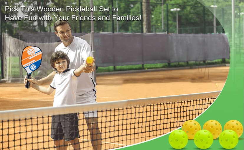 Pickleball Paddles Pickleball Set 7-ply Basswood Wooden Pickleball Rackets Set of 4 with 6 Balls and 1 Carry Bag, Pickleball Equipment for Beginner to Intermediate with Extra Edge Guard