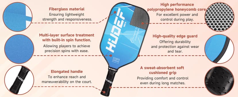 Pickleball Paddle USAPA Approved, Lightweight Carbon Fiber Face and Polypropylene Honeycomb Core Pickleball Racket with Cover, Elongated Handle and Cushion Comfort Grip Pickle Ball Paddle