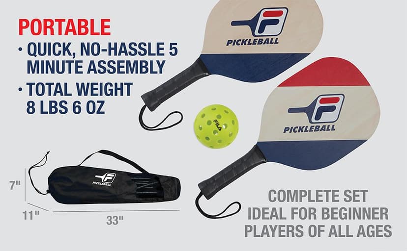 FILA Accessories Pickleball Net Set - Includes Pickleball Paddles Set of 4 with Regulation Size 4 Outdoor Balls & 10ft All Weather Mesh Net for Indoor or Outdoor Use - Lightweight, Quick & Easy Setup