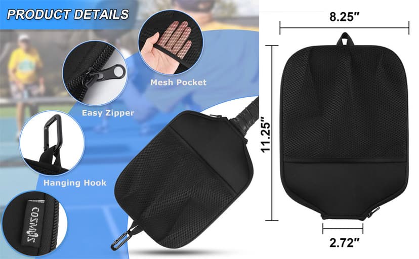 Cosmos 2 Pcs Pickleball Paddle Cover Paddle Case Bag Pickleball Racket Sleeve and Ball Storage Mesh Pocket for Pickle Ball Equipment Accessories Storage & Carrying, with Fence Hook