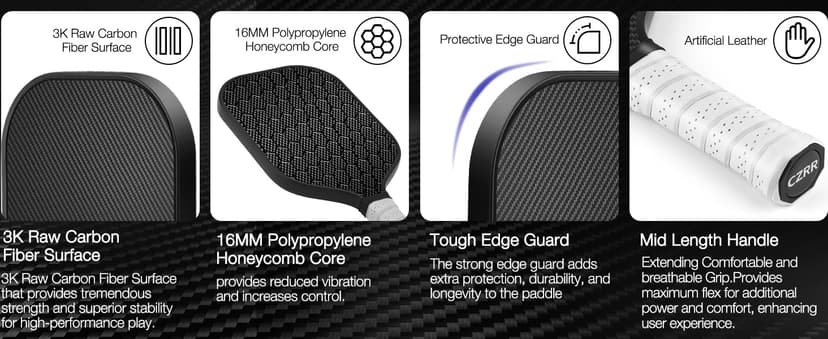 CZRR Pickleball Paddle, USA Pickleball Approved, 3K Raw Carbon Fiber Surface (CFS) High Grit & Spin, with 16MM Polypropylene Honeycomb Core, Ideal for Novice and Professional Players