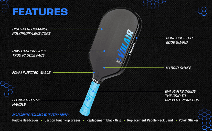 Volair Pickleball - Mach 1 Forza Paddle - for Spin, Control and Power - Toray T700 Carbon Fiber Surface - Thermoformed - Foam Injected w/Headcover, Eraser, Extra Black Grip