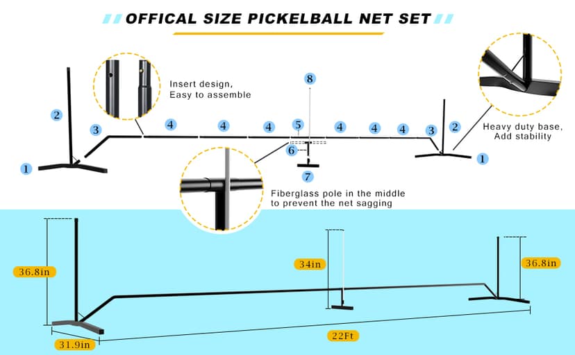 ZENY Portable Pickleball Net Set System with Metal Frame and 22FT Regulation Size Pickball Net with Carry Bag for Backyard, Driveways, Outdoor Game