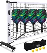 Pickleball Net Set, Portable Pickleball Set w/Wheels, 11ft & 22ft Regulation Size Pickel Ball Net, Set of 4 Balls and Paddles, Heavy Duty Frame for Backyard Driveway Outdoor