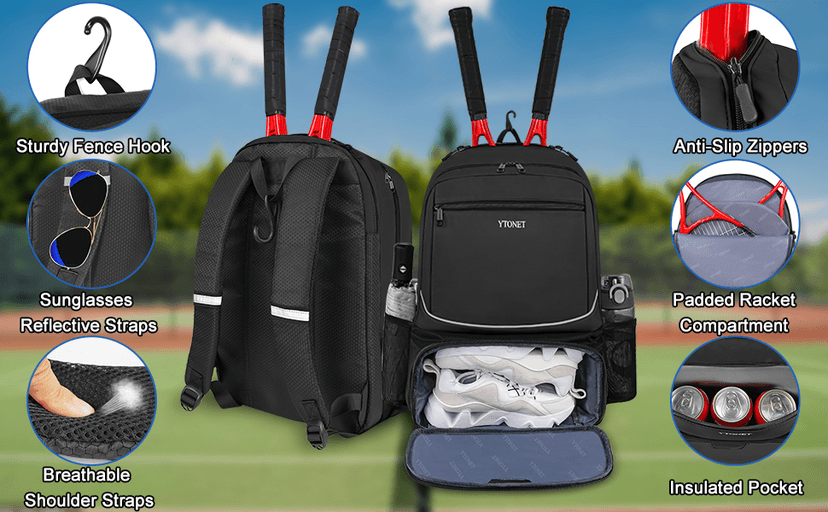 Ytonet Tennis Bag Tennis Backpack for Women Men 2 Rackets with Insulated Pocket Ventilated Shoe Compartment