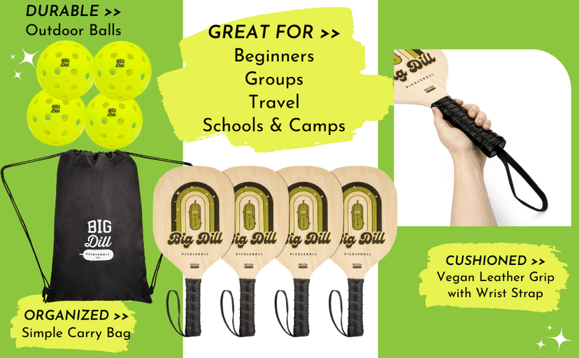 Big Dill Pickleball Superstar Pickle Ball Paddle Set of 4 Wooden Paddles — Pack of 4 Pickleball Paddles Set, 4 Pickleball Balls & Bag for Pickle Ball Rackets, Beginner Pickleball Racket Sets