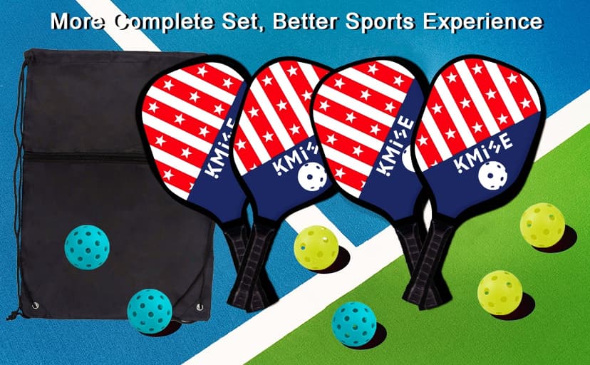 Kmise Pickleball Paddles Set of 4, 7.8oz Lightweight 9-ply Premium Wood Pickleball Racquet with 6 Indoor Outdoor Balls and Bag, Ergonomic Cushion Grip Pickleball Paddles Gifts for Men Women