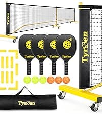 Pickleball Net Set, Pickleball Net on Wheels for Driveway Backyard, 22FT Regular Size, 4 Pickleball Paddles & 6 Balls, 12 Court Markers, 1 Carry Bag, Pickleball Set for Indoor Outdoor Play