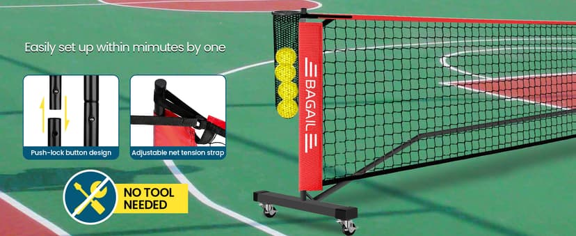BAGAIL Portable Pickleball Net Set with Wheels, 22 FT Regulation Size & 11 FT Half Court Size 2-in-1 Pickle Ball Net with Ball Collector, Carry Bag, 4 Pickle Balls, Easy Setup for Outdoor Indoor