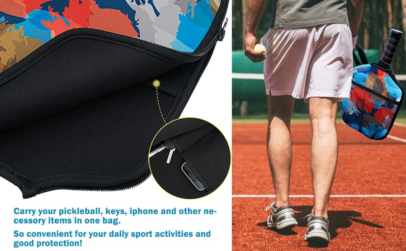 WK IEASON Neoprene Pickleball Paddle Cover with Inner Pockets and Handle Strap - Racket Sleeve and Ball Holder Organizer