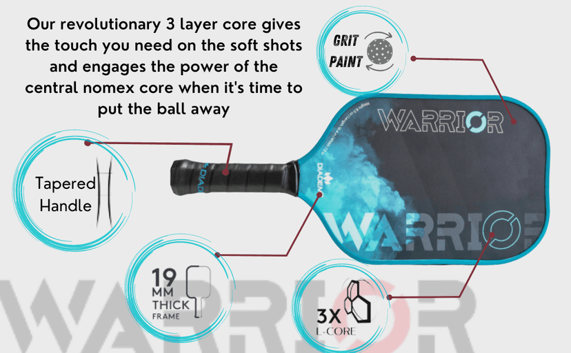 Diadem Warrior Pickleball Paddle | Carbon Fiber Face, 3X L-Core Hybrid Nomex Polymer Honeycomb Core, Grit Paint Surface for Spin, Control and Power | Indoor/Outdoor | USAPA Approved