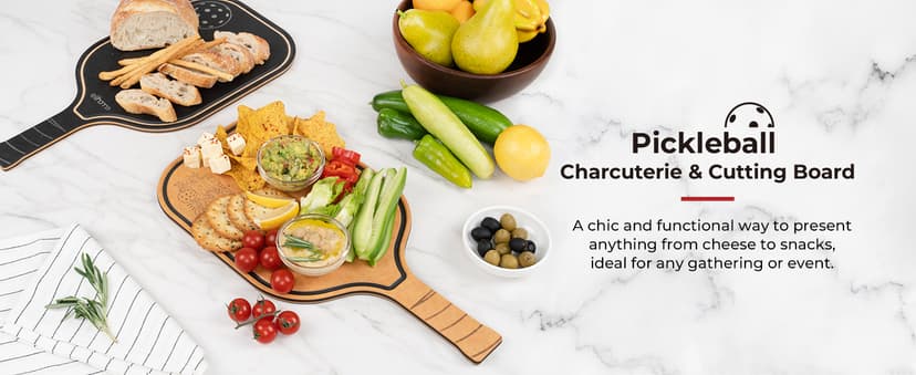 Pickleball Charcuterie & Cutting Board, Pickleball Gifts for Women Men, Wood Fiber 16 x 8.5, Paddle Shape with Handle, Dishwasher Safe, Reversible Design, Juice Groove "Just One More Game"