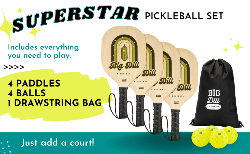 Big Dill Pickleball Superstar Pickle Ball Paddle Set of 4 Wooden Paddles — Pack of 4 Pickleball Paddles Set, 4 Pickleball Balls & Bag for Pickle Ball Rackets, Beginner Pickleball Racket Sets
