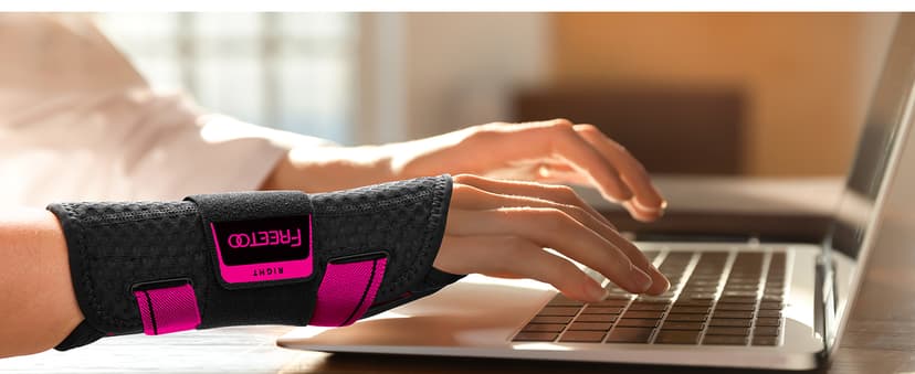 FREETOO Carpal Tunnel Wrist Brace Night Support Fit Right Hand for Work, Pain Relief Wrist Splint for Tendonitis, Sprain, Strain, Rigid Hand Brace for Arthritis for Women and Men (S/M, Black/Pink)