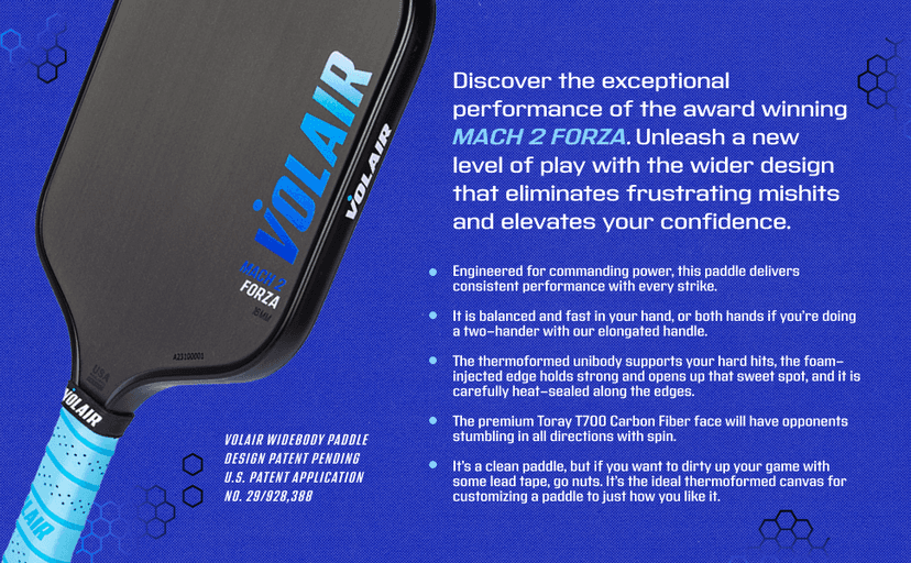 Mach 2 Forza Paddle - Toray T700 Carbon Fiber Surface - Thermoformed - Foam Injected - Spin, Power, & Control - w/Headcover, Eraser, Extra Black Grip, Extra Paddle Neck Band, & Sticker