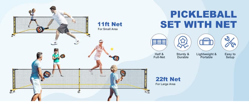 Pickleball Net Set, Portable Pickleball Set w/Wheels, 11ft & 22ft Regulation Size Pickel Ball Net, Set of 4 Balls and Paddles, Heavy Duty Frame for Backyard Driveway Outdoor