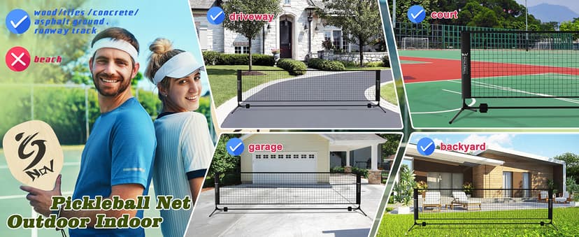 NQV Pickleball Set with Net-10FT Half Court Size Pickleball Net+Wood Pickleball Paddles+Pickle Balls+Ball Retrievers, Portable Outdoor Driveway Indoor for Adults Beginners