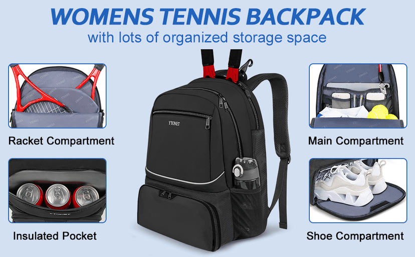 Ytonet Tennis Bag Tennis Backpack for Women Men 2 Rackets with Insulated Pocket Ventilated Shoe Compartment