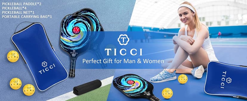 T TICCI Pickleball Paddles Set of 2, USAPA Approved Fiberglass Pickle Ball Paddles with 4 Pickleballs, Lightweight Rackets for Adults & Kids, Includes Carry Bag & Net Bag for Men, Women, Beginners,