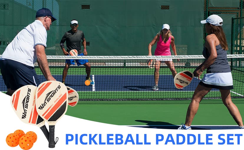 Wooden Pickleball Paddles Set 2 - Win SPORTS Beginner Racket,Pickle Ball Paddles with 2 Paddles,4 Balls and 1 Carry Bag,Durable and Classic (Choose Black and Wooden Version)