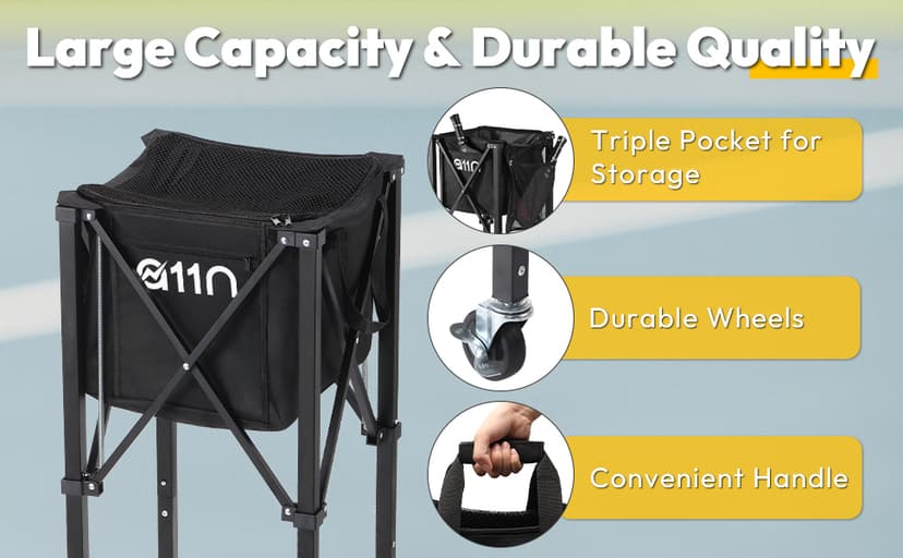 A11N Pickleball Tennis Ball Hopper - Sturdy Large Capacity Tennis Ball Basket Holds 120 Balls, Upgraded Pickleball Caddy Practice Equipment/Multifunction Pockets and Wheels for Training/Teaching