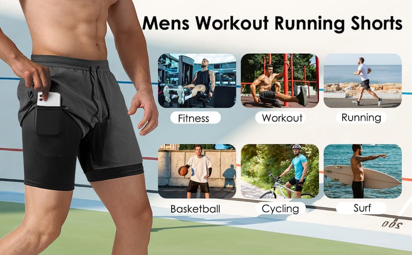 NIMOJIRO Men's 2 in 1 Running Shorts Workout Athletic Training Gym Outdoor Sports Shorts