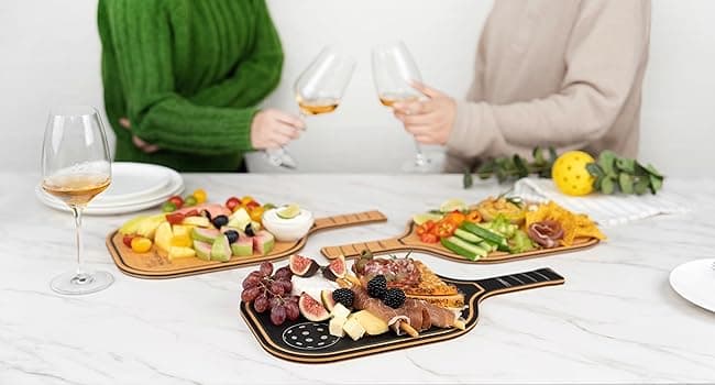 Pickleball Charcuterie & Cutting Board, Pickleball Gifts for Women Men, Wood Fiber 16 x 8.5, Paddle Shape with Handle, Dishwasher Safe, Reversible Design, Juice Groove "Just One More Game"