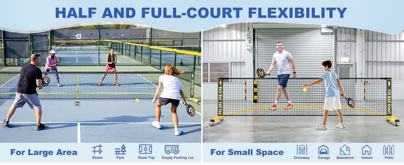 Pickleball Net Set, Portable Pickleball Set w/Wheels, 11ft & 22ft Regulation Size Pickel Ball Net, Set of 4 Balls and Paddles, Heavy Duty Frame for Backyard Driveway Outdoor