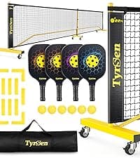 Pickleball Net Set, Pickleball Net on Wheels for Driveway Backyard, 22FT Regular Size, 4 Pickleball Paddles & 6 Balls, 12 Court Markers, 1 Carry Bag, Pickleball Set for Indoor Outdoor Play