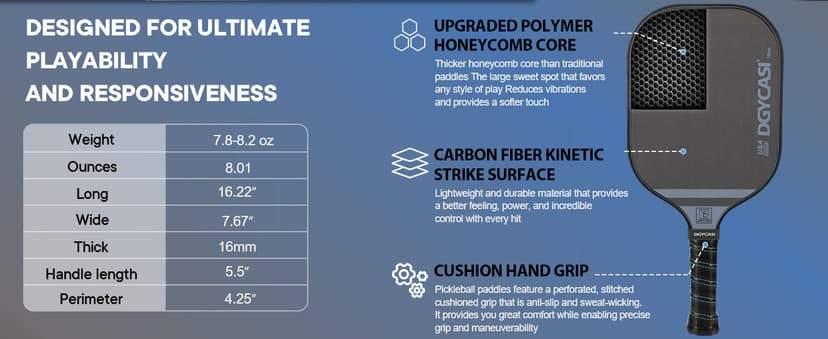 YC DGYCASI 16mm Pickleball Paddles Professional, 2025 USAPA Approved T700 Carbon Fiber Surface Pickle Paddle(CFS), Polypropylene Lightweight Honeycomb Core, Cushion Comfort Grip, with Cover Case Black