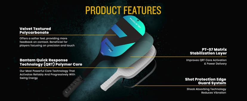 Paddletek Bantam EX-L Pickleball Paddle | Professional Pickleball Paddles with Honeycomb Core, Polycarbonate Surface, Bantom PolyCore & High Tack Performance Grip | USAPA Approved
