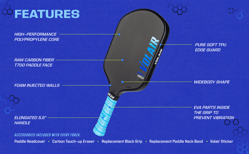 Mach 2 Forza Paddle - Toray T700 Carbon Fiber Surface - Thermoformed - Foam Injected - Spin, Power, & Control - w/Headcover, Eraser, Extra Black Grip, Extra Paddle Neck Band, & Sticker