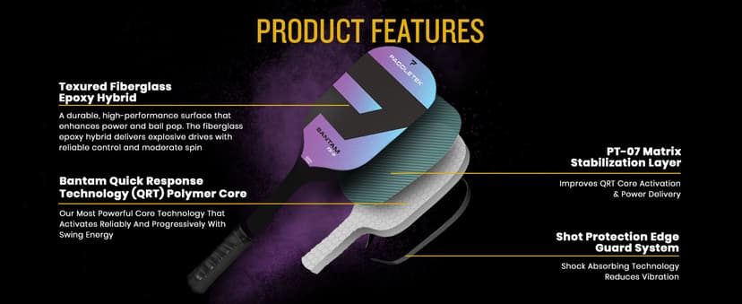 Paddletek Bantam TS-5 Pickleball Paddle | Professional Pickleball Paddles with Honeycomb Core, Textured Fiberglass Epoxy Hybrid Surface, Bantam PolyCore & High Tack Performance Grip | USAPA Approved
