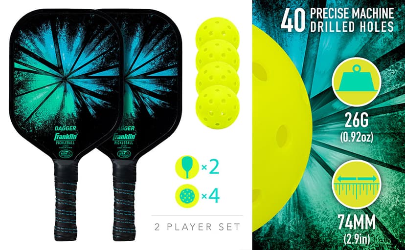 Franklin Sports Pickleball Paddle and Ball Set - (2) Dagger Fiberglass Rackets + (4) X-40 Balls - USA Pickleball (USAPA) Approved - 2 Player Set