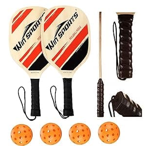 Wooden Pickleball Paddles Set 2 - Win SPORTS Beginner Racket,Pickle Ball Paddles with 2 Paddles,4 Balls and 1 Carry Bag,Durable and Classic (Choose Black and Wooden Version)