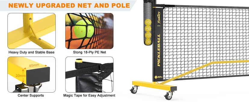 Pickleball Net with Wheels, Portable 2-in-1 Pickle Ball Net with Ball Collector,22FT Regulation Size & 11FT Half Court Size, Carry Bag, Steady Metal Frame for Outdoor Indoor Driveway