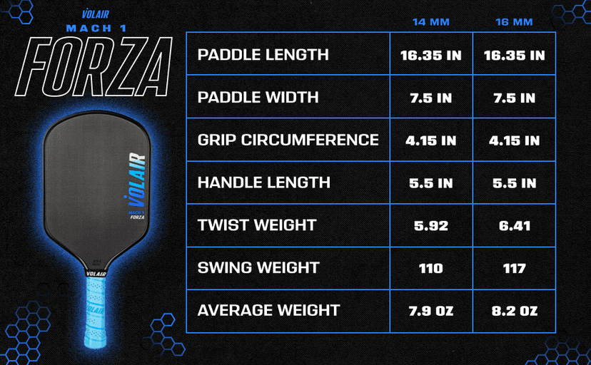 Volair Pickleball - Mach 1 Forza Paddle - for Spin, Control and Power - Toray T700 Carbon Fiber Surface - Thermoformed - Foam Injected w/Headcover, Eraser, Extra Black Grip