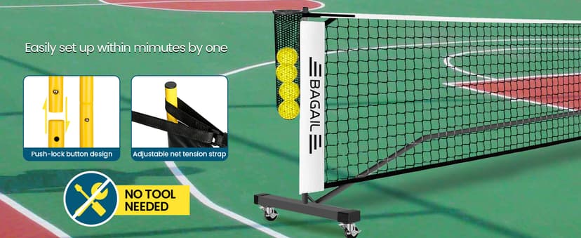 BAGAIL Portable Pickleball Net Set with Wheels, 22 FT Regulation Size & 11 FT Half Court Size 2-in-1 Pickle Ball Net with Ball Collector, Carry Bag, 4 Pickle Balls, Easy Setup for Outdoor Indoor