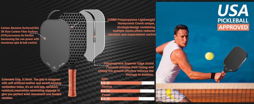 Pickleball Paddle, USA Pickleball Approved, 3K Raw Carbon Fiber Surface (CFS) High Grit & Spin, with 16MM Polypropylene Honeycomb Core, Ideal for Novice and Professional Players