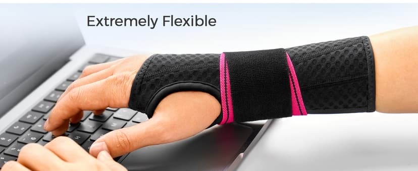 FREETOO Carpal Tunnel Wrist Brace Night Support Fit Right Hand for Work, Pain Relief Wrist Splint for Tendonitis, Sprain, Strain, Rigid Hand Brace for Arthritis for Women and Men (S/M, Black/Pink)
