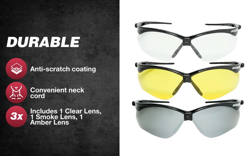 Jackson Safety SG Safety Glasses - Eye Protection for Men & Women - Anti-Scratch Lens with Black Frame - ANSI Z87.1 - Pack of 3 (Multiple Styles)