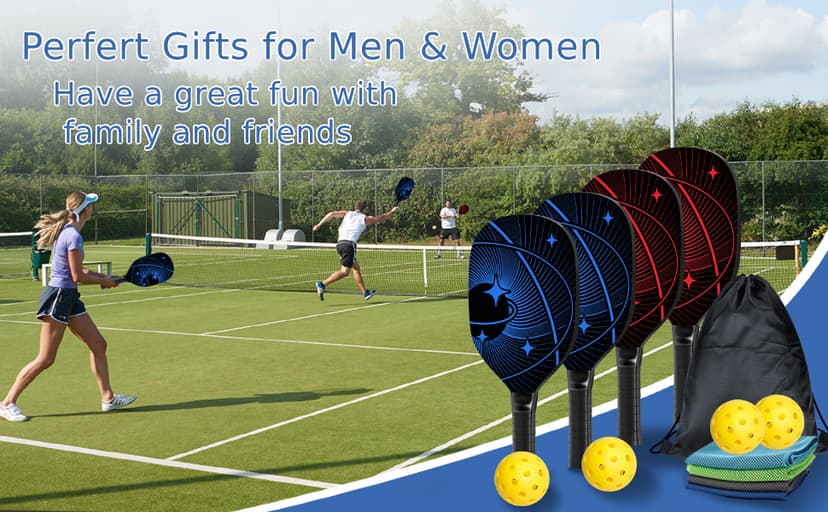 Pickleball Paddles, Pickleball Set with 4 Premium Wood Pickleball Paddles, 4 Pickleball Balls, 4 Cooling Towels & Carry Bag, Pickleball Rackets with Ergonomic Cushion Grip, Gifts for Men Women