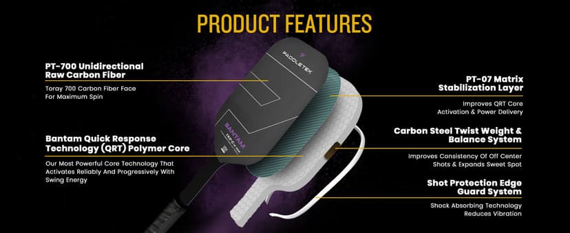 Paddletek Bantam TKO-C 14.3mm Pickleball Paddles with Polymer Honeycomb Core - Unidirectional Carbon Fiber – Torsional Weighting & High Tack Performance Grip - USAPA Approved - 5.25 Inch Handle